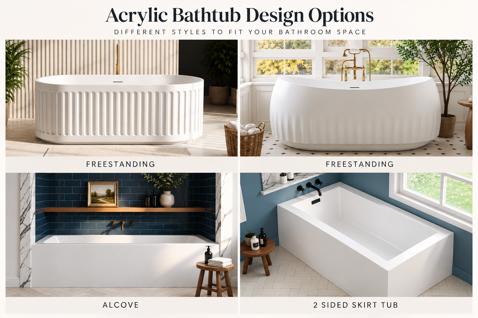 Different acrylic bathtub designs by SALVERE for modern bathrooms