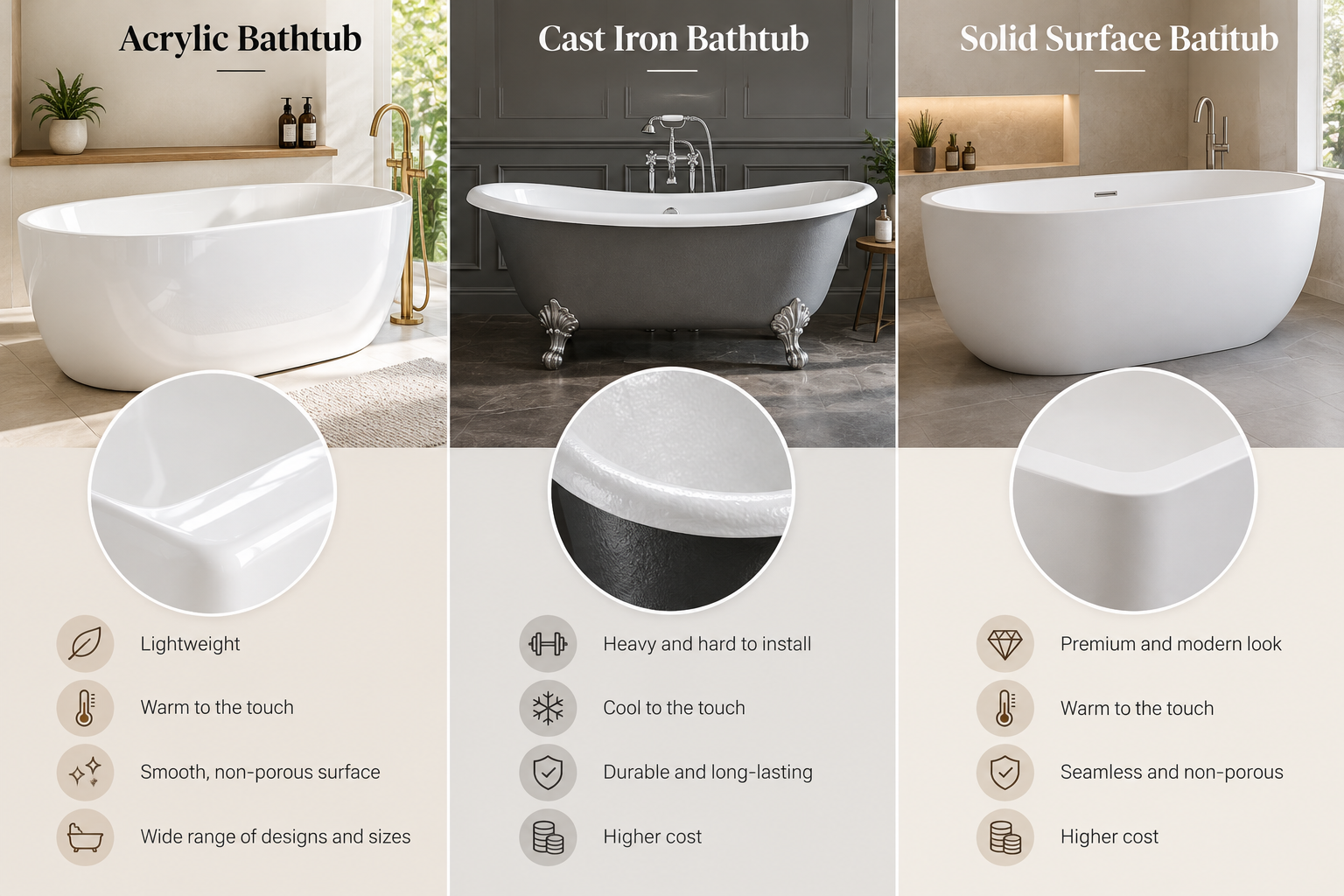 Acrylic bathtub compared with cast iron and solid surface bathtubs